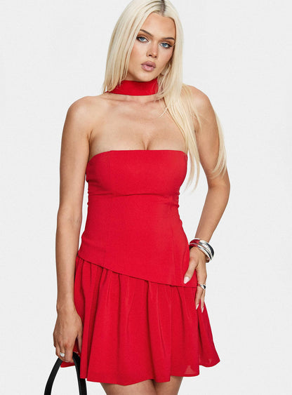 Odela Strapless Drop Waist Mini Dress Red