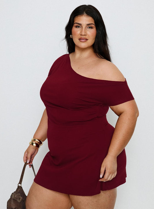 Prestige One Shoulder Mini Dress Burgundy Curve