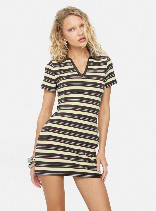 Zuria Collared V-neck Mini Dress Brown / Yellow Stripe