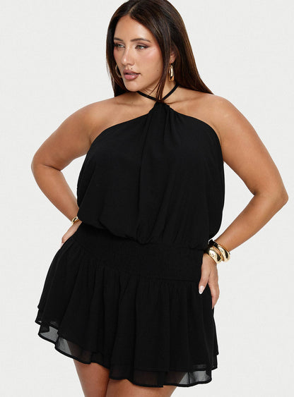 Khamira Halter Shirred Mini Dress Black Curve
