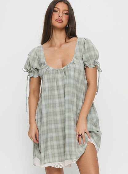 Embracing Puff Sleeve Swing Mini Dress Blue Check