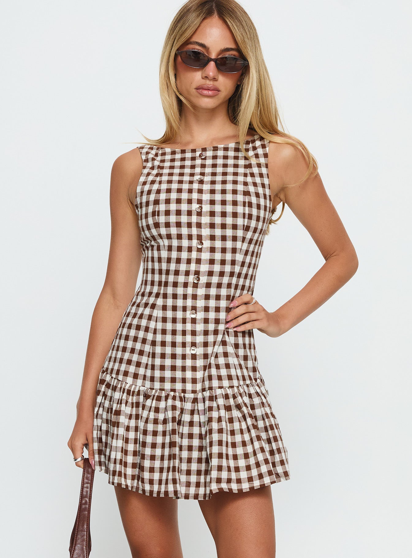 Kolbie Boat Neck Frill Mini Dress Brown Gingham