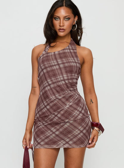 Kastles Halter Cut Out Mini Dress Brown Check