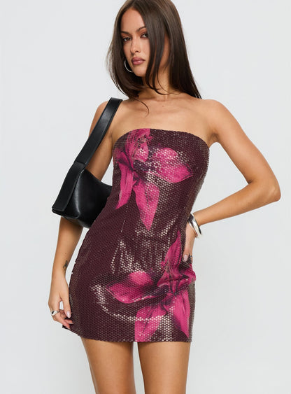 Desiri Strapless Sequin Mini Dress Brown / Pink Floral