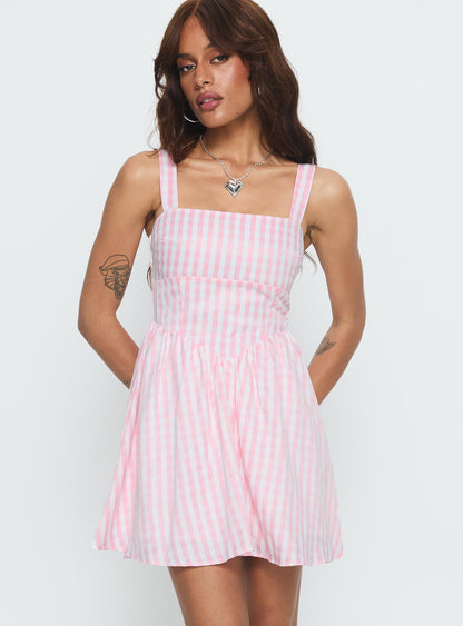 Yoselyn Pleat Mini Dress Pink Check