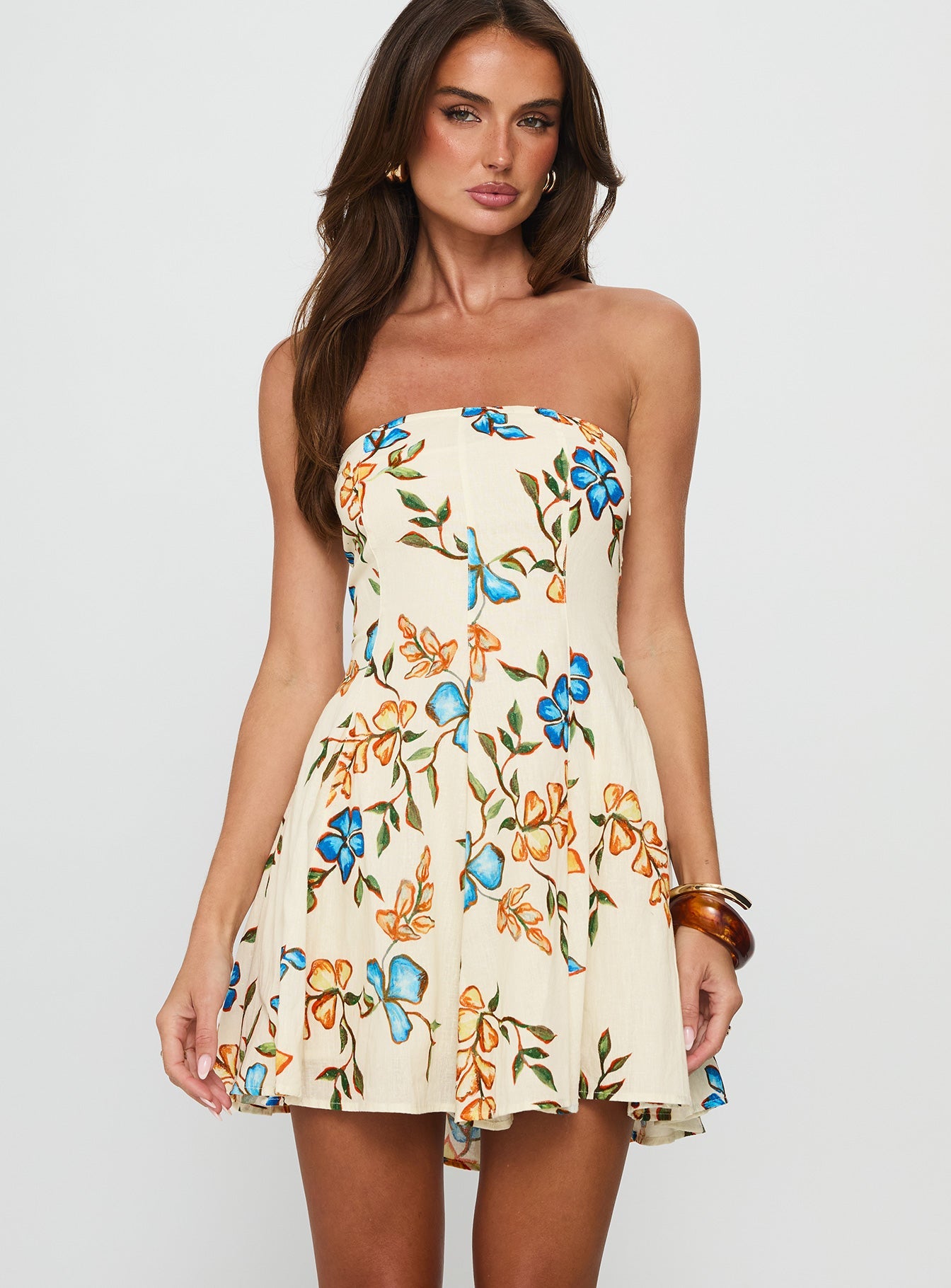 Doe Eyed Tie Back Strapless Mini Dress Multi