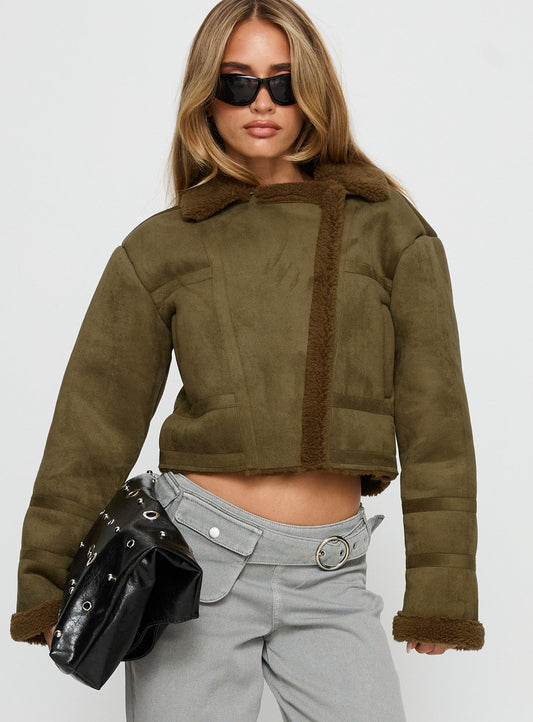 Swooning Cropped Faux Suede Jacket Green