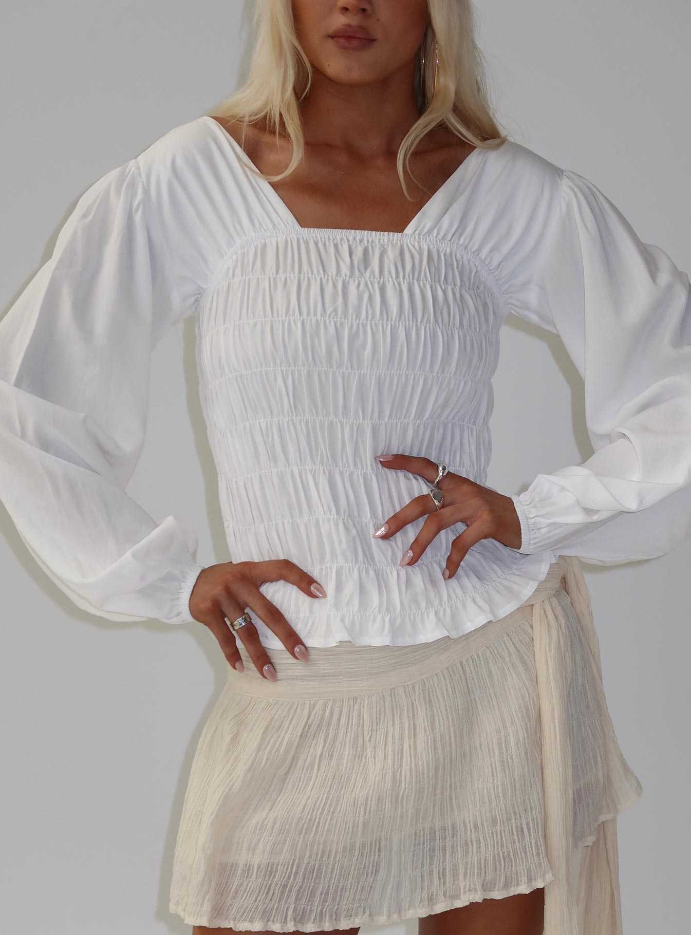 Lynnea Long Sleeve Shirred Top White