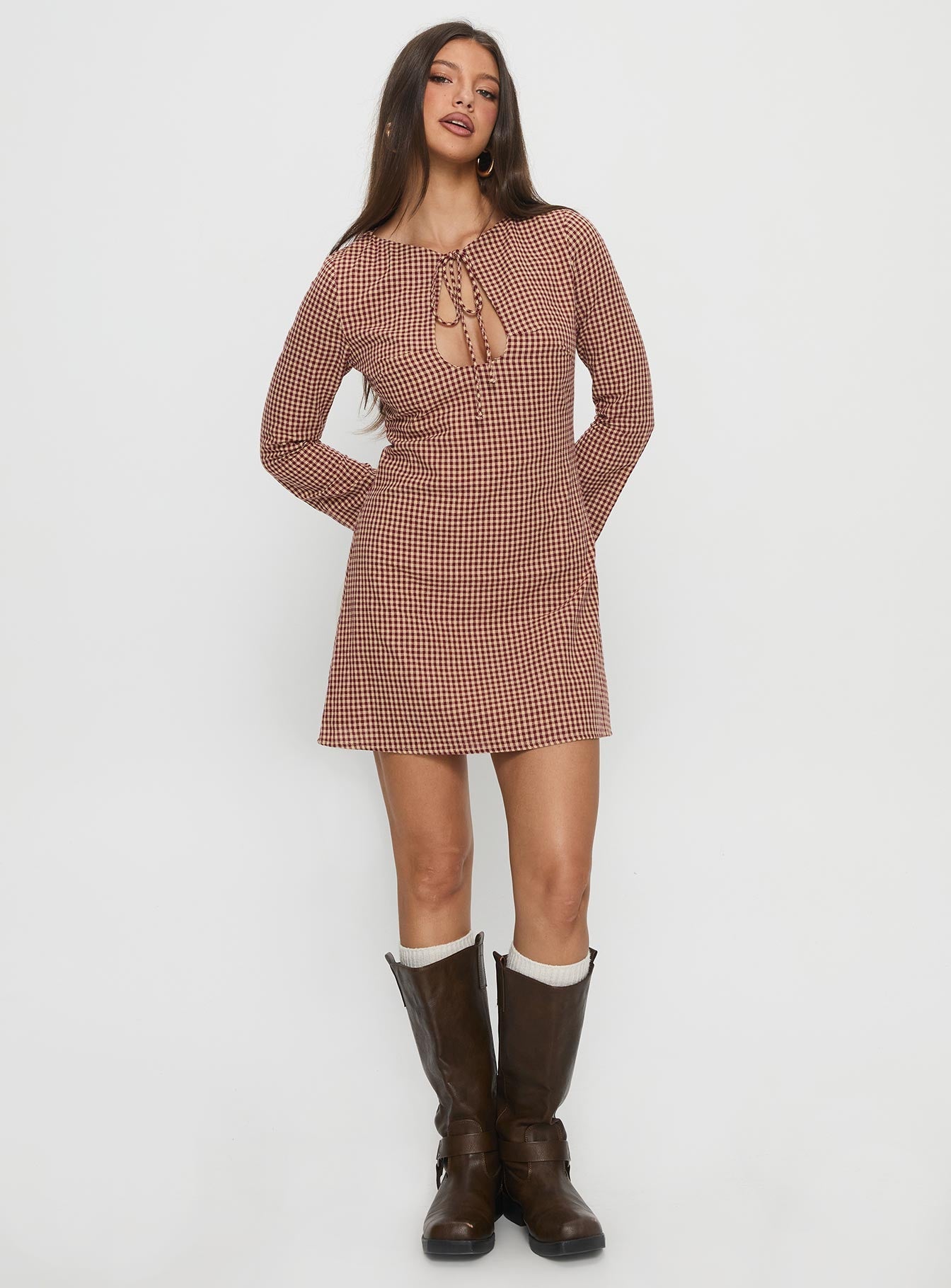 Kassidee Keyhole Long Sleeve Mini Dress Red Check
