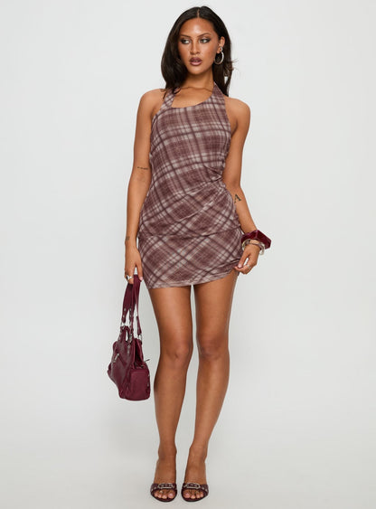 Kastles Halter Cut Out Mini Dress Brown Check