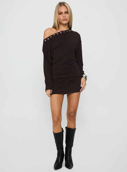 Sakaia Long Sleeve Eyelet Mini Dress Brown
