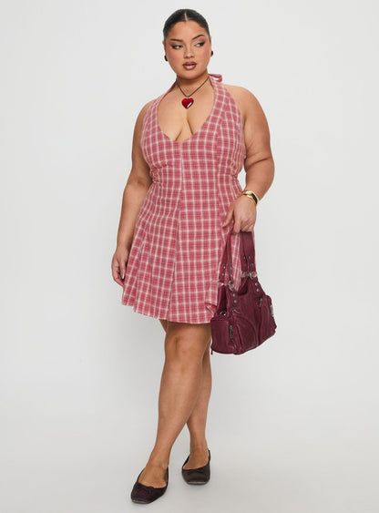 Out Of Nowhere Halter Mini Dress Red Check Curve