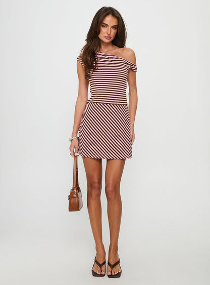 My Fun Off Shoulder Jersey Mini Dress Pink / Brown Stripe