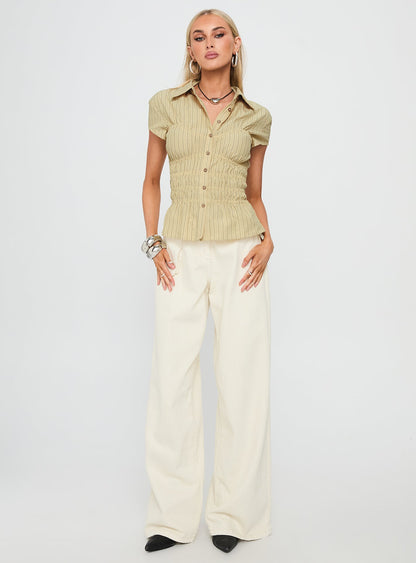Liesel Shirred Short Sleeve Top Butter Stripe