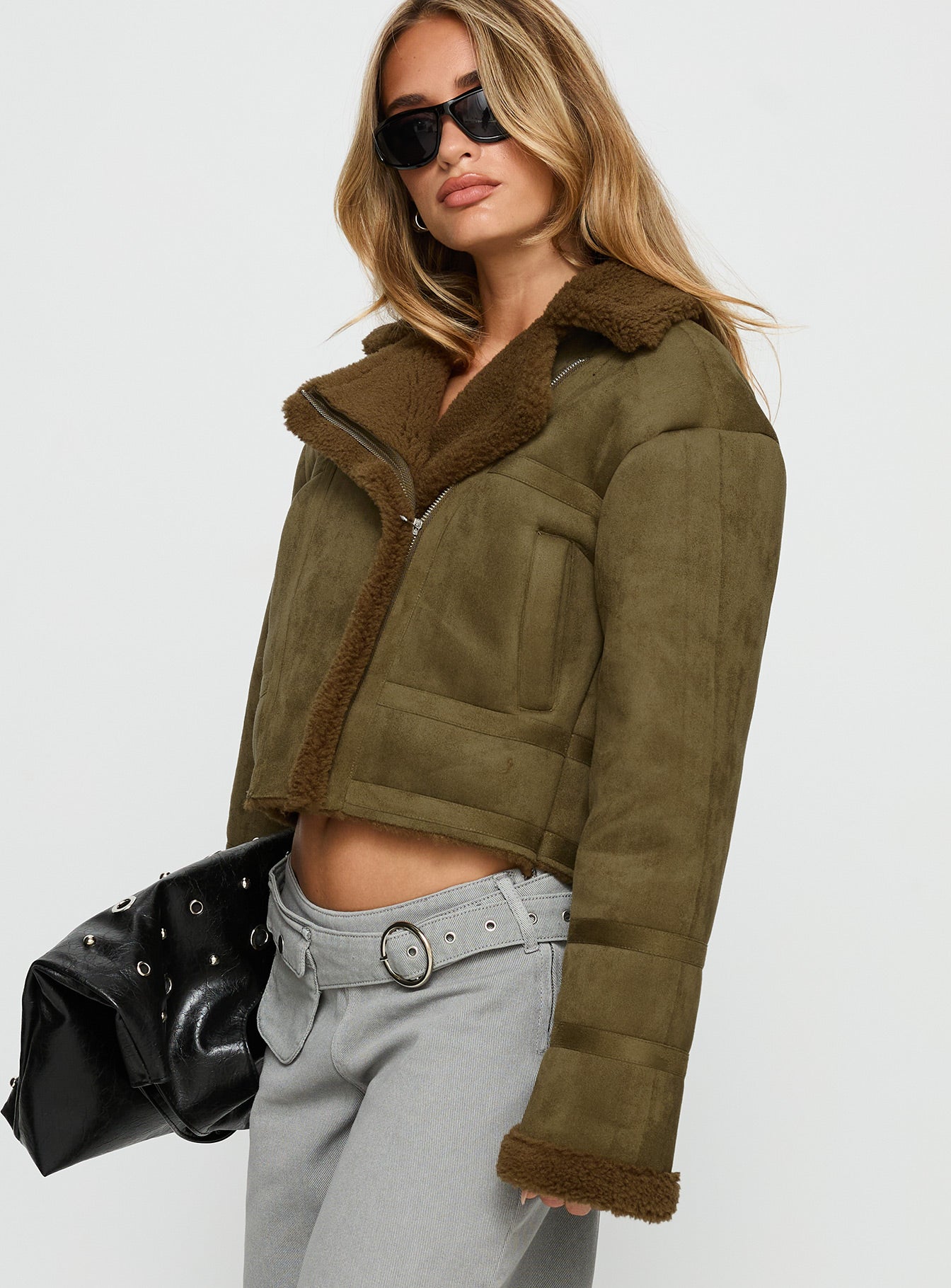 Swooning Cropped Faux Suede Jacket Green
