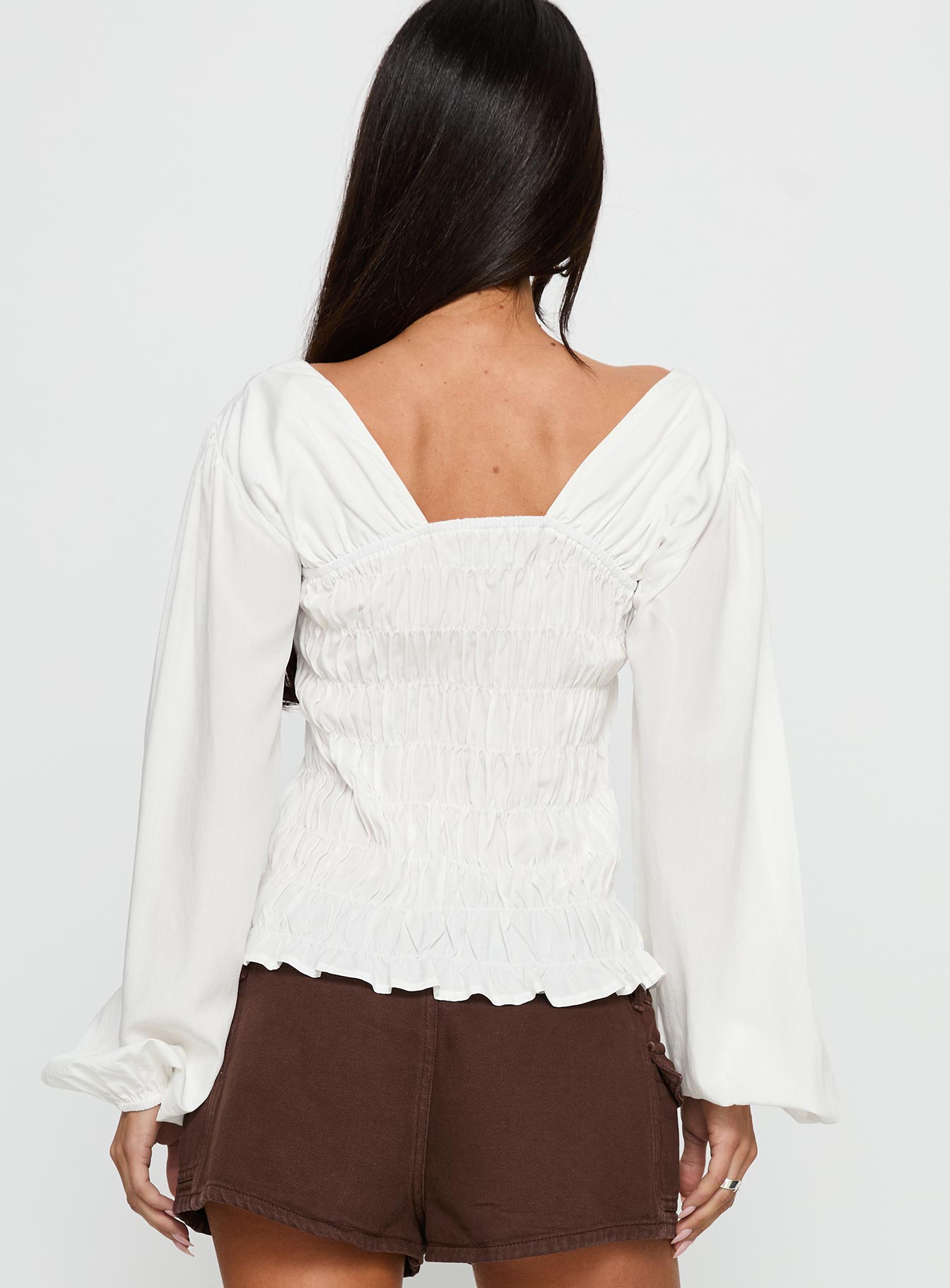 Lynnea Long Sleeve Shirred Top White