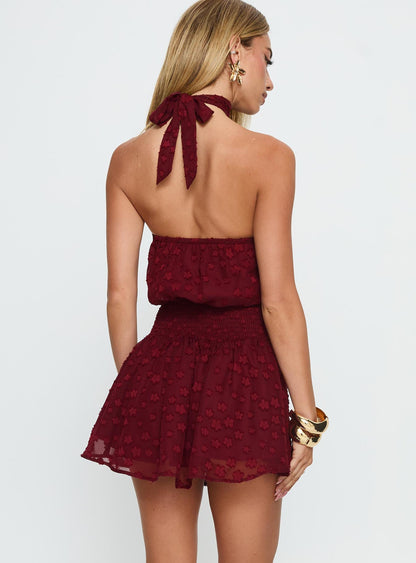 Eurythmic Scarf Halter Mini Dress Burgundy Jacquard