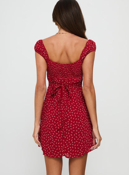 Tricia Cap Sleeve Mini Dress Red Floral