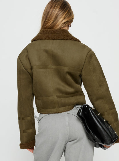 Swooning Cropped Faux Suede Jacket Green