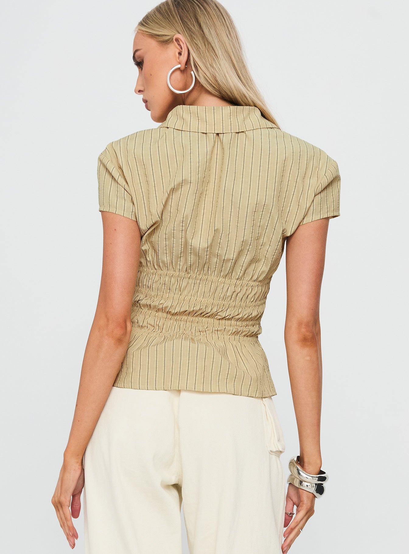 Liesel Shirred Short Sleeve Top Butter Stripe