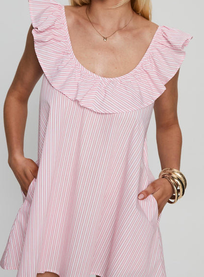 Melodies Frill Smock Mini Dress Pink Stripe