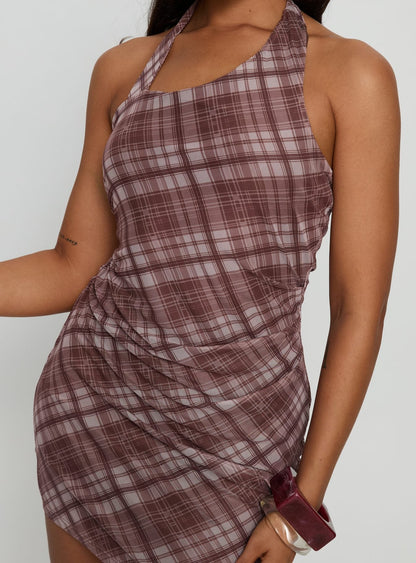 Kastles Halter Cut Out Mini Dress Brown Check