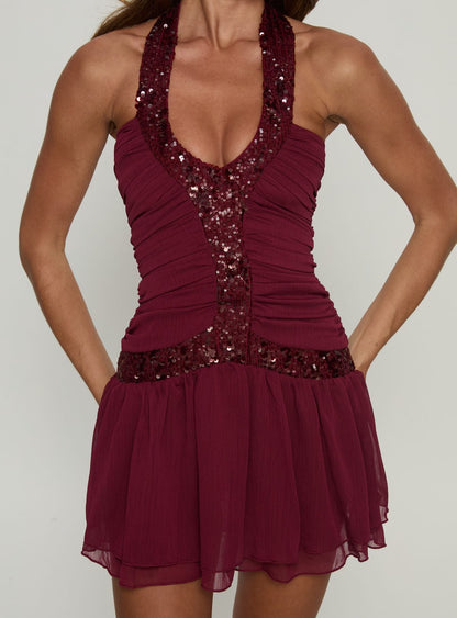 Aisleigh Sequin Halter Mini Dress Berry
