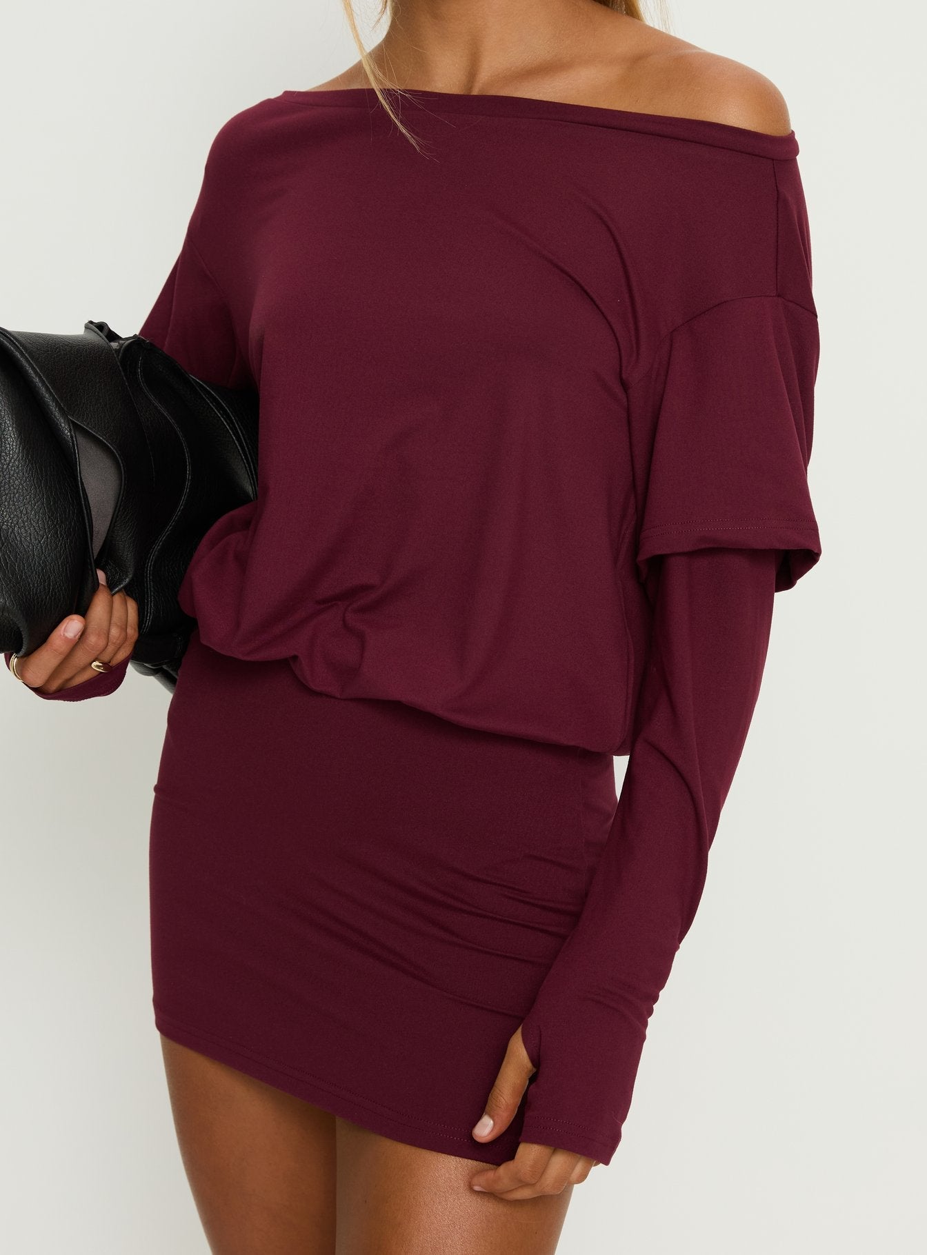 Jesselyn Long Sleeve Off Shoulder Mini Dress Burgundy