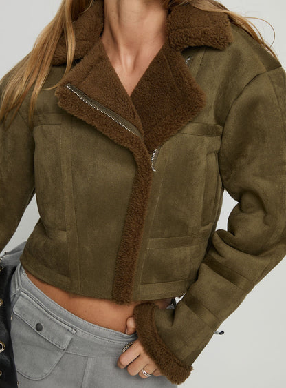 Swooning Cropped Faux Suede Jacket Green