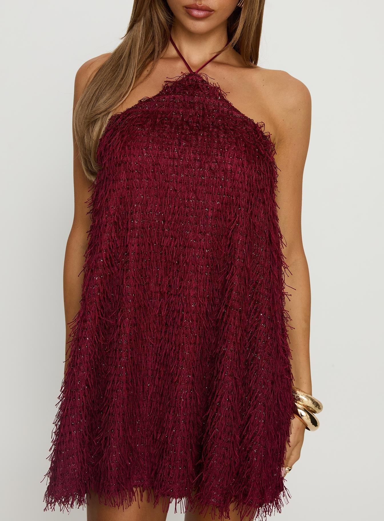 Koressa Halter Fringe Mini Dress Burgundy