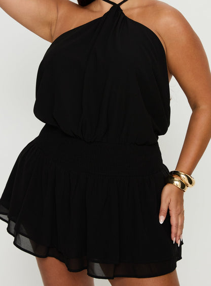 Khamira Halter Shirred Mini Dress Black Curve