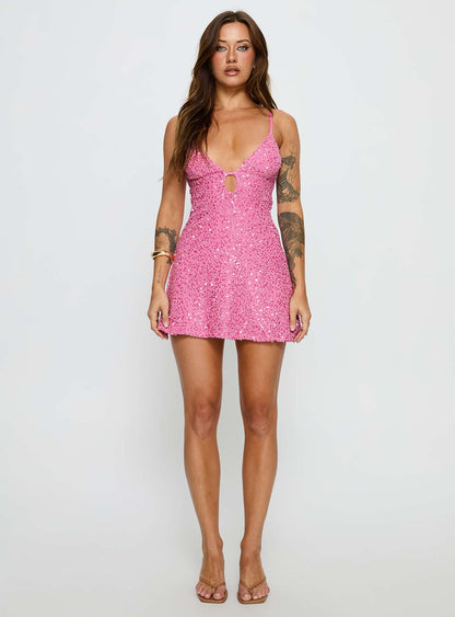 Feel The Vibrations Sequin Mini Dress Hot Pink