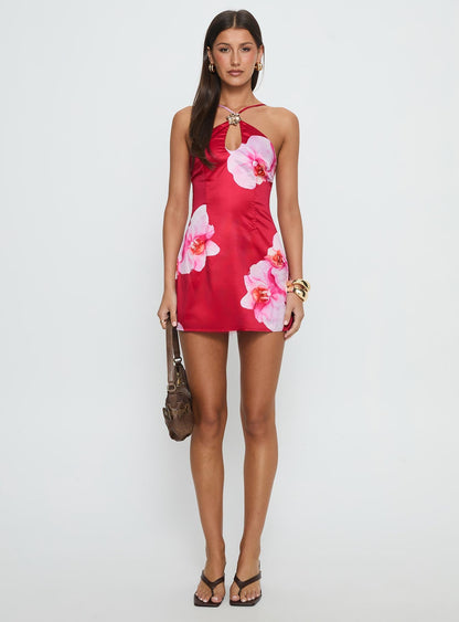Nohemi Halter Mini Dress Red Floral