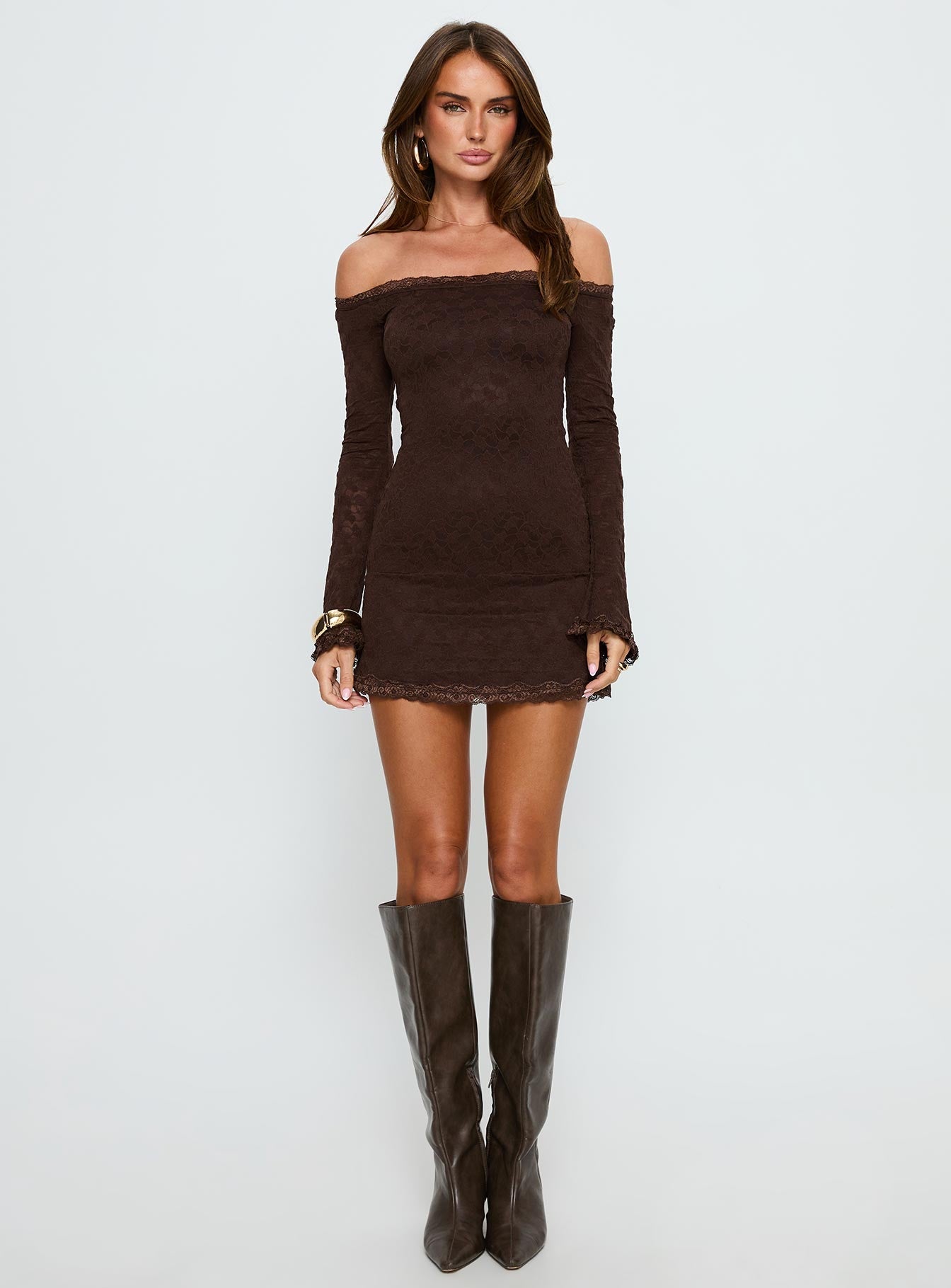 Avenues Long Sleeve Lace Mini Dress Chocolate