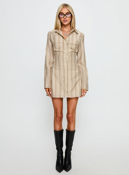 In Your Arms Long Sleeve Tie Back Mini Dress Brown Stripe
