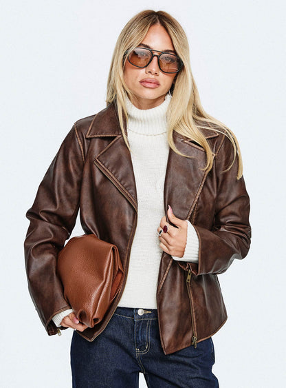 Vyolette Faux Leather Collared Jacket Washed Brown