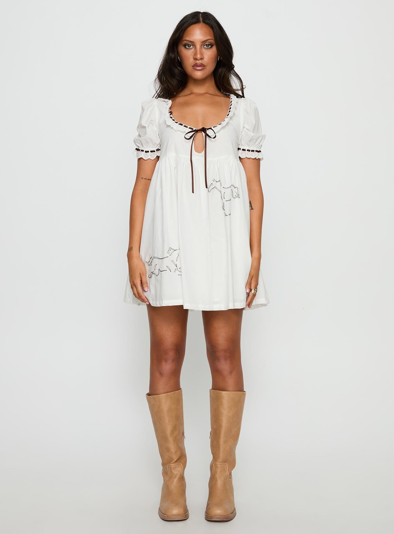 Cloudy Babydoll Contrast Trim Mini Dress White